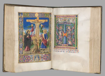Mszał: Fl. 185v: Ukrzyżowanie z obramowaniem cała strona, 1469.