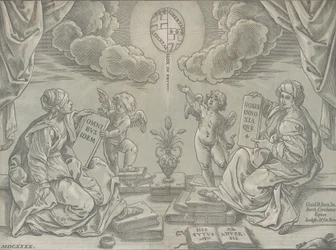 Alegoria tezy, dwie kobiety trzymają tablice inskrypcyjne, 1640.