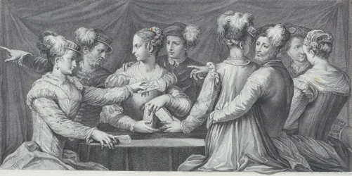 Grupa elegancko ubranych ludzi grających w karty, 1740-68
