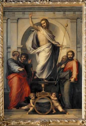 Chrystus zmartwychwstaje wśród ewangelistów (malarstwo na drewnie)