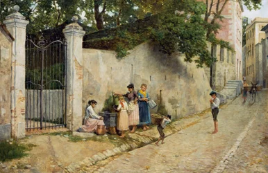 Przy fontannie, Bartolomeo Giuliano (1825-1909), olej na płótnie, 64,5x100 cm