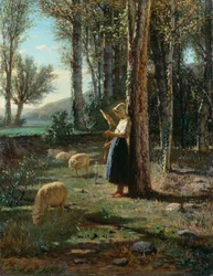 Pasterka ze stadem owiec, Bartolomeo Giuliano (1825-1909), olej na płótnie, 35x27 cm