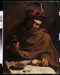 Śniadanie (śniadanie). Obraz Bartolomeo Manfrediego (1587-1622). Olej na płótnie. Sztuka włoska, styl barokowy. Państwowe Muzeum Sztuki, Charków lub Charków, Ukraina.