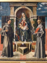 Madonna z Dzieciątkiem na tronie między św. Franciszkiem a św. Bernardynem ze Sieny, ok. 1490 r