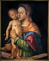 Madonna z Dzieciątkiem Jezus stojącym na balustradzie, początek XVI w. (olej na desce)