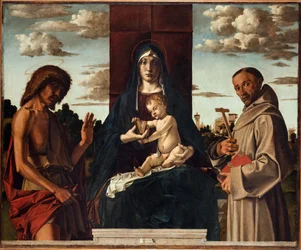 Dziewica z Dzieciątkiem ze świętymi Franciszkiem i Janem Chrzcicielem par Montagna, Bartolomeo (1449-1523). Olej na drewnie, format : 148x180, ca 1485, Fondazione Cini, Venezia