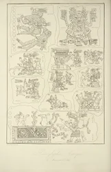 Azteckie hieroglify z rękopisu Veletri, ilustracja z „Widoki kordylierów i pomników rdzennych ludów Ameryki” autorstwa Alexandra von Humboldta i Aime Bonplanda