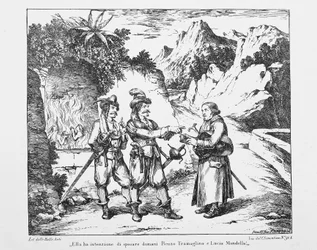 Don Abbondio spotyka dwa Bravi, litografię Bartolomeo Pinelli (1781-1835) do Narzeczonego Alessandro Manzoniego (1785-1873), Włochy, XIX w.