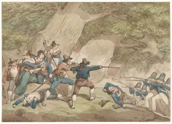 Żandarmi Królestwa Neapolu walczący z Kalabryjczykami, ilustracja do Rzymskich strojów i obyczajów