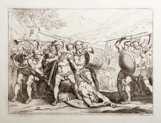 Waleriusz Korwus zabił w pojedynku galijskiego żołnierza olbrzymiego wzrostu; gdy ma zamiar go rozebrać, Galowie, niezdolni się powstrzymać, biegną, by go pomścić, lecz zostają całkowicie pokonani przez Rzymian