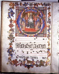 Rękopis 557, fol. 35v, strona z iluminacją przedstawiającą Aegidiusa (św. Idziego) (zmarłego około 700) na tronie i w otoczeniu aniołów, z „Messale di Sant