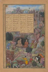 Aleksander odwiedza mędrca Platona w swojej górskiej jaskini, Folio z Khamsa..., 1597-98.