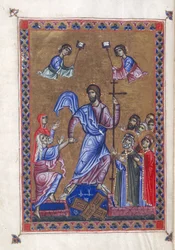 Egerton 1139, f.9v Harrowing of Hell, ilustracja z „Psałterza królowej Melisendy”, Jerozolima ok. 1131-40 (atrament, kolor i złoto na welinie)