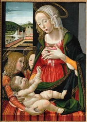 Madonna karmiąca Dzieciątko Jezus w otoczeniu aniołów ... (obraz na drewnie)