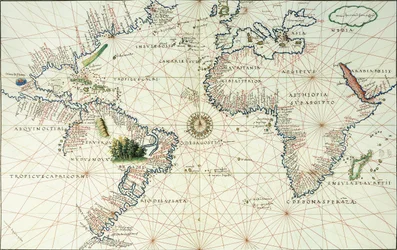 Dwustronicowa mapa Oceanu Atlantyckiego, ukazująca wschodnie wybrzeże Ameryki Północnej i Południowej, 1544