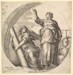 Fortitude and Justice, alegoryczna kompozycja w okrągłym formacie, z Fortitude g..., ca. 1530-61.