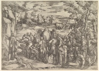 Mojżesz czerpiący wodę ze skały, po lewej płynąca woda, różne postacie i ..., ca. 1552-61.