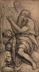 Św. Hieronim klęczący przed krucyfiksem z czaszką i lwem, ca. 1550-60.