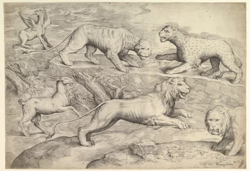Sześć zwierząt, w tym lwy, tygrys, lampart, gryf i koza, ca. 1530-61.