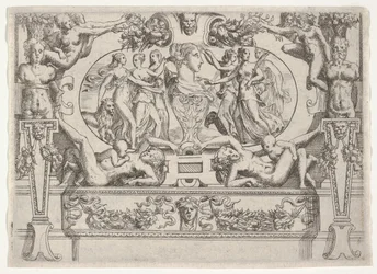 Popiersie kobiety otoczonej przez trzy kobiety z każdej strony, osadzone w kunsztownej ramie, ca. 1540-80.