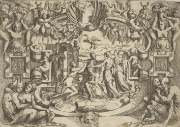 Cztery kobiety otaczające siedzącą postać, nad nimi ptak, osadzone w kunsztownym ..., ca. 1540-80.