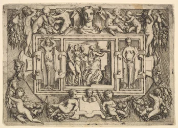 Sybilla Kumejska idąca w prawo i niosąca tacę, za nią trzy kobiety..., ca. 1540-80.
