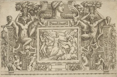 Kobieta siedząca z wyciągniętymi ramionami, personifikacja Sławy z trąbką po prawej stronie,..., ca. 1540-80.