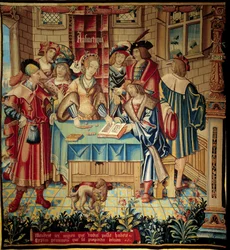 Kotara przedstawiająca sztuki wyzwolone: Arytmetyka. Gobelin z wełny i jedwabiu wykonany około 1520 roku w Tournai. Wymiary 3,1 x 2,9 m. Paryż, Narodowe Muzeum Wieków Średnich, termy Cluny