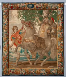 Król Aleksander Wielki ujarzmia konia Bucefała. Gobelin wykonany w manufakturze w Brukseli. XVI wiek Genes, Musei di Strada Nuova