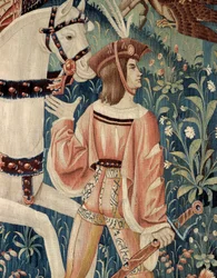 Średniowiecze: wyjazd konno na polowanie z sokołem. Fragment jedwabno-wełnianego gobelinu z początku XVI wieku. Z Hainaut. Paryż, Narodowe Muzeum Wieków Średnich, Termy Cluny