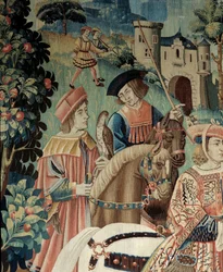 Średniowiecze: konny wyjazd na polowanie z sokołem. Fragment jedwabno-wełnianego gobelinu z początku XVI wieku. Z Hainaut. Paryż, Narodowe Muzeum Średniowiecza, Thermes de Cluny
