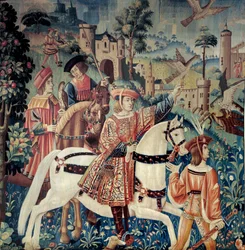 Średniowiecze: początek polowań z sokołem, na koniu. jedwabne i wełniane gobeliny z początku XVI wieku. Z Hainaut. Paryż, Narodowe Muzeum Średniowiecza, Thermes de Cluny