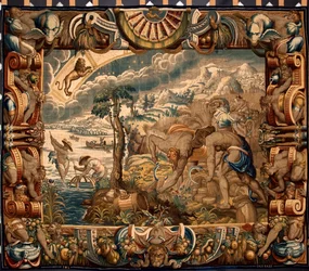 Miesiąc sierpień: "Żniwa" Gobelin autorstwa Jana Raesa (działającego ok. 1610-1631) wykonany przez manufaktury w Brukseli. XVII wiek Genes, Musei di Strada Nuova