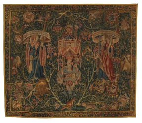 Gobelin, Sibylla Libya i Europa (jeden z zestawu sześciu Sybilli, obejmujący od 46.134 do 46.139) zwany „Rothamsted Tapestries”, wykonany we Flandrii, Tournai lub Brukseli w Belgii, ok. 1530 r. (wełna)