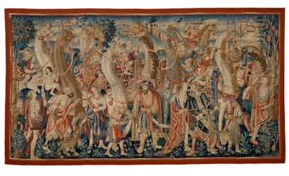 Gobelin, Karawana wielbłądów, z serii „Podbój Indii”, z Tournai, ok. 1510 r. (wełna i jedwab)