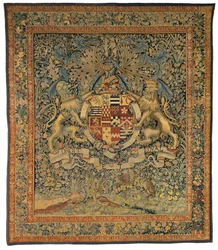 Gobelin Verdure z herbem Roberta Dudleya, hrabiego Leicester (jeden z pary 47.1), wykonany we Flandrii w Belgii, około 1570-85 (wełna i jedwab)