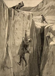 Turysta wiszący w szczelinie w Alpach, z „Le Petit Parisien”, 23 sierpnia 1891