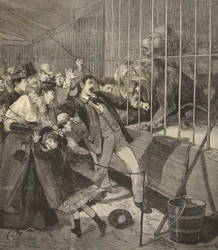 Gość zaatakowany przez lwa w menażerii, z „Le Petit Parisien”, 12 kwietnia 1891 r.