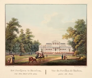 Pawilon w Harlemie, widziany od strony Lasu. Vue du Pavillon de Harlem, prise du Bois, 1825 (rycina ręcznie kolorowana)