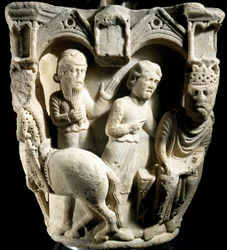 Salomon i królowa Saby, Benedykt Antelami (XII-XIII w.), relief kapitalny, katedra w Parmie, Włochy