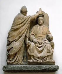 Kardynał Latino di Carlo Orsini (1410-1477) koronuje Ferdynanda II Aragońskiego (1452-1516). Marmurowa rzeźba Benedetta da Maiano (1442-1497). Florencja, Museo Nazionale del Bargello