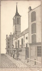 Perspektywa południowo-wschodnia kościoła parafialnego św. Małgorzaty Lothbury, ok. 1750 (rycina)