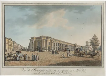 Newski Prospekt (perspektywa Nevski) w pobliżu Wielkiego Gostiny Dvor i Dumy Miejskiej w Petersburgu - Benjamin Paterssen (1748-1815). Akwaforta, akwarela, po 1802. Państwowe Muzeum Historii Sankt Petersburga
