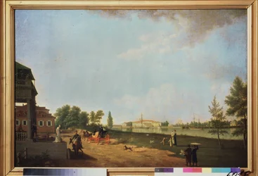 Widok na Pałac Kamenny (wyspa kamienia), w Sankt Petersburgu. Obraz Benjamna Patersena (1748-1815), olej na płótnie