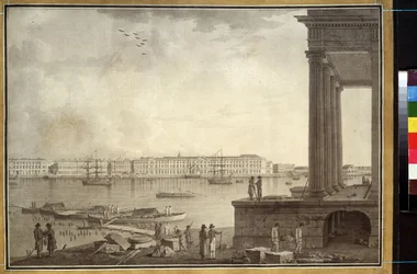 Widok na Pałac Zimowy i Giełdę Papierów Wartościowych w Sankt Petersburgu. Praca Benjamina Patersena (1748-1815), ołówek i tusz na papierze, ok. 1790. Sztuka szwedzka