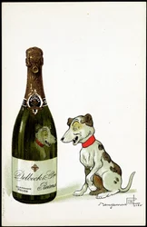 Tektura na szampana „Delbeck et Cie, Reims”, ilustracja Benjamin Rabier (1864-1939), sd. początek 20 wieku.