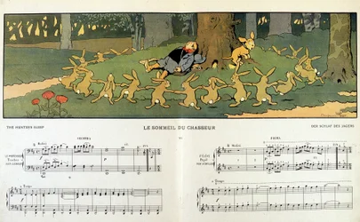 Króliki krążące wokół zaspanego myśliwego - w „Les images en musique” Jane Vieu, ilustracja Benjamin Rabier (1864-1939)