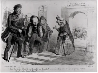 Dumas, Hugo et Balzac ubiegający się o przyjęcie do Akademii Francuskiej, ilustracja z „La Mode”, 23 listopada 1839 (rycina) (fot. bw)
