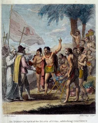 Indyjski kacyk z wyspy Kuba wita Krzysztofa Kolumba (1451-1506) oraz europejskich przedstawicieli wojskowych i duchownych, aby dyskutować o stworzeniu nowego państwa. Frontyspicjum „Historii cywilnej i handlowej brytyjskich kolonii W