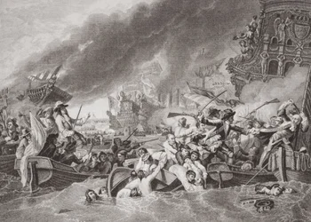 Bitwa pod La Hogue, zniszczenie floty francuskiej, 22 maja 1692, z „Ilustracji historii angielskiej i szkockiej” Tom II